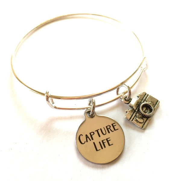 Camera Bracelet Bangle charms Adjustable Photography Capture Life Mantra Quote Photographer Words Inspirational Message Expandable Jewelry