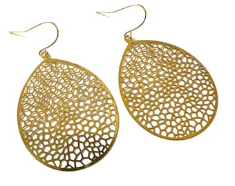 Gold Teardrop Earrings Dangle Drop Brass Filigree Modern Style Wire Hook Statement Dangle Open Cut Charm Handmade Jewelry