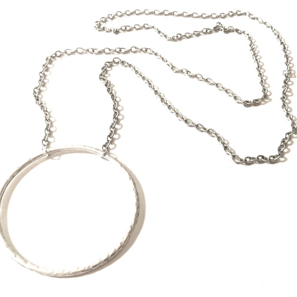 Large Circle Pendant Silver Ring Necklace Huge Round Shiny Silver Pendant Simple Textured Hammered Modern Statement Jewelry