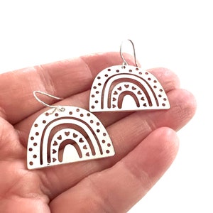 Silver Rainbow Dangle Earrings: Modern Heart Cutout Jewelry