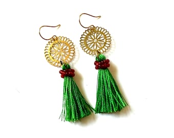 Green Tassel Earrings Gold Dangle Brass Filigree Lightweight Drop Earrings Fan Threads Colorful Statement Jewelry Bold Colors Artist