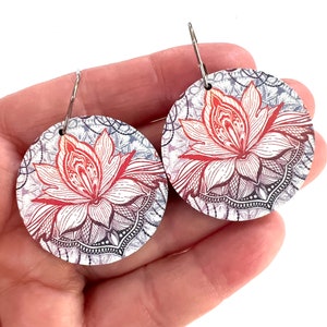 Lotus Flower Dangle Earrings: Colorful Wood Circle, Yoga Jewelry