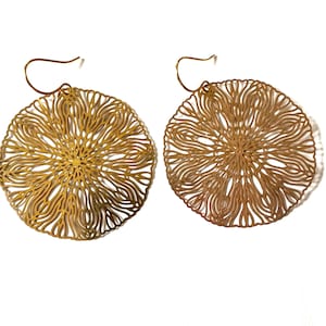 Gold Filigree Circle Earrings: Bohemian Brass Dangle Statement Jewelry