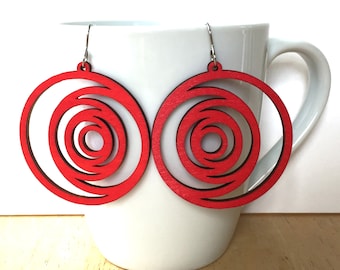 Holz Creolen Ohrringe baumeln rote geometrische Statement Schmuck leichte Laser geschnitten Kreis Holz Creolen Mandala filigrane Holzohrringe