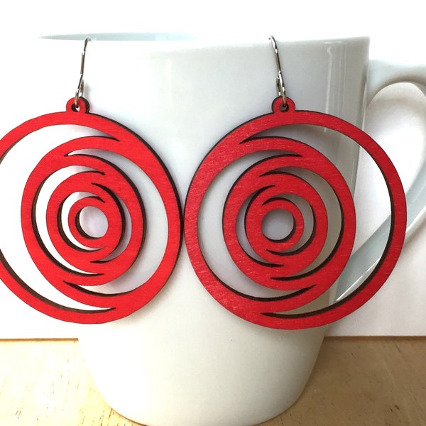 Wood hoop earrings dangle red geometric Statement jewelry lightweight laser cut circle wooden hoops mandala filigree wood drop earrings