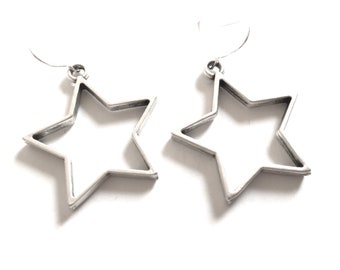 Silver Star Earrings Dangle Silver Drop Large Tibetan Style Image Wire Hook Statement Dangle Star Charm Handmade Modern Funky Jewelry