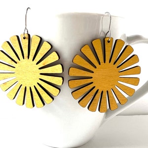 Yellow Sun Earrings: Laser Cut Wood, Sterling Silver Hooks