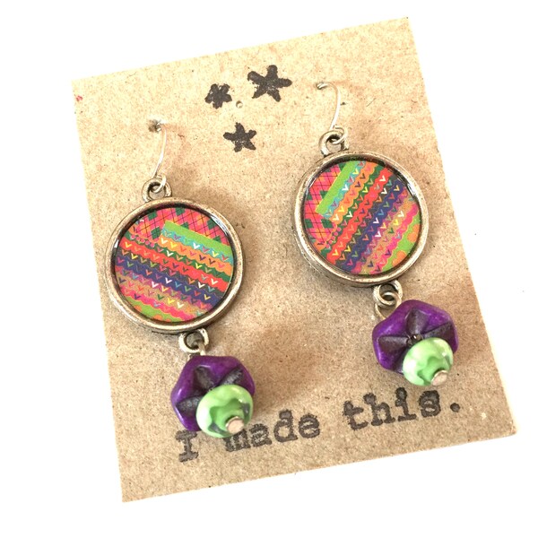 Colorful Earrings OOAK Dangle Recycled Material Paper Bright Purple Multi-color Silver Boho Drop Bohemian Upcycled Art Repurposed Jewelry