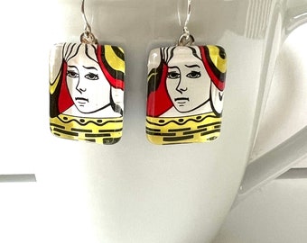 Queen of Hearts Earrings Glass Tile Dangle Bright Bold Abstract Upcycled Recycled Paper Material Repurposed Playing Card Silver Drop Jewelry