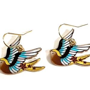 Enamel Bird Dangle Earrings: Tattoo Design, Fun Art Jewelry