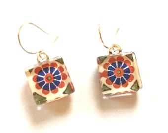 Mandala Earrings Glass Tile OOAK Colorful Blue Red Bright Art Silver Wire Recycled Material Repurposed Magazine Upcycled Paper Art Jewelry