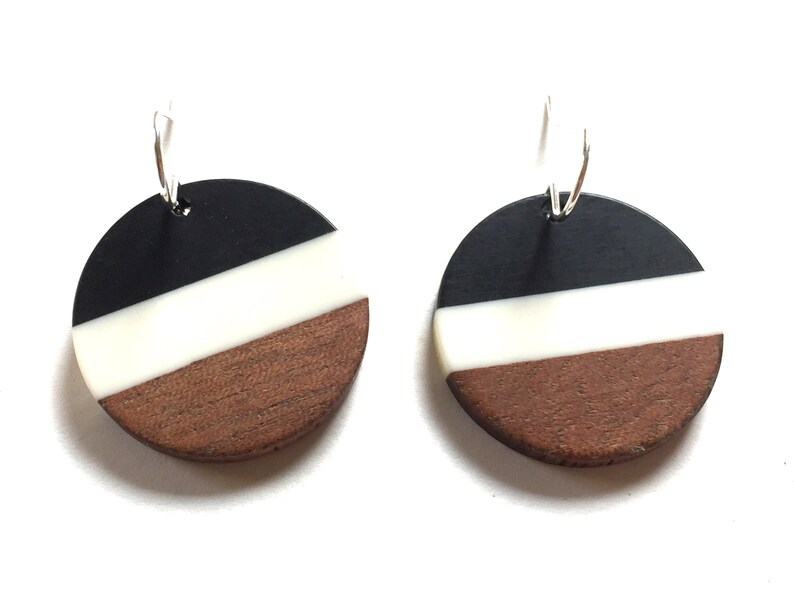 Wood Resin Earrings Dangle Black Stripe Statement Jewelry Wooden Block Color Earrings Unique Minimalist Circle Drop Earring Colorful jewelry