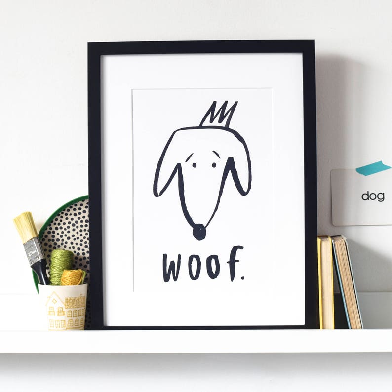 ON SALE Dog 'woof' black and white print perfect for a nursery or child's bedroom, dog lover Print A5,A4 image 1