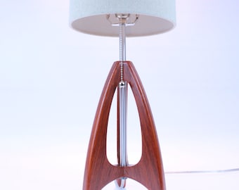 Tripod Table Lamp - Mid-Century Style - Red Padauk Wood - Burlap Color Shade - by Retro Grain