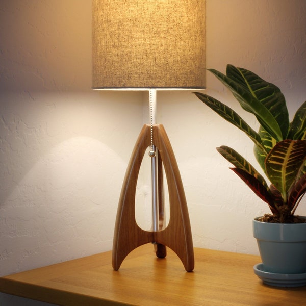 Tripod Table Lamp - Mid-Century Style - Walnut Wood - Burlap Color Shade - by Retro Grain