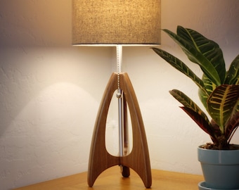 Tripod Table Lamp - Mid-Century Style - Walnut Wood - Burlap Color Shade - by Retro Grain