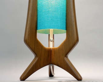 Atomic Table Lamp - Walnut Wood - Lagoon Blue Fiberglass Shade - by Retro Grain