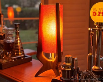 MidCentury Modern Table Lamp - Walnut Wood - Rust Orange Shade - by Retro Grain