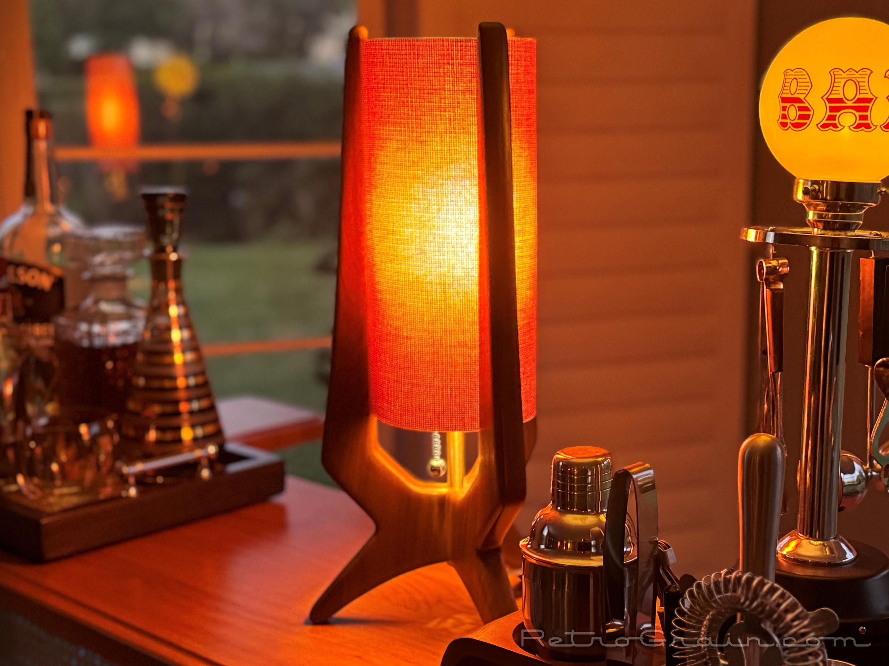 Midcentury Modern Table Lamp - Walnut Wood - Rust Orange Shade