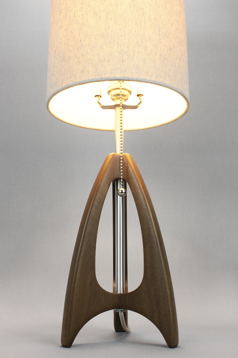 Tripod Table Lamp Mid-Century Style Walnut Wood Burlap Color Shade by Retro Grain image 9