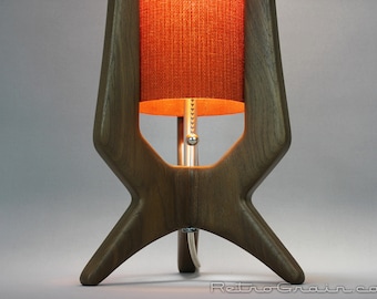 Midcentury Modern Table Lamp Walnut Wood Rust Orange Shade - Main Image
