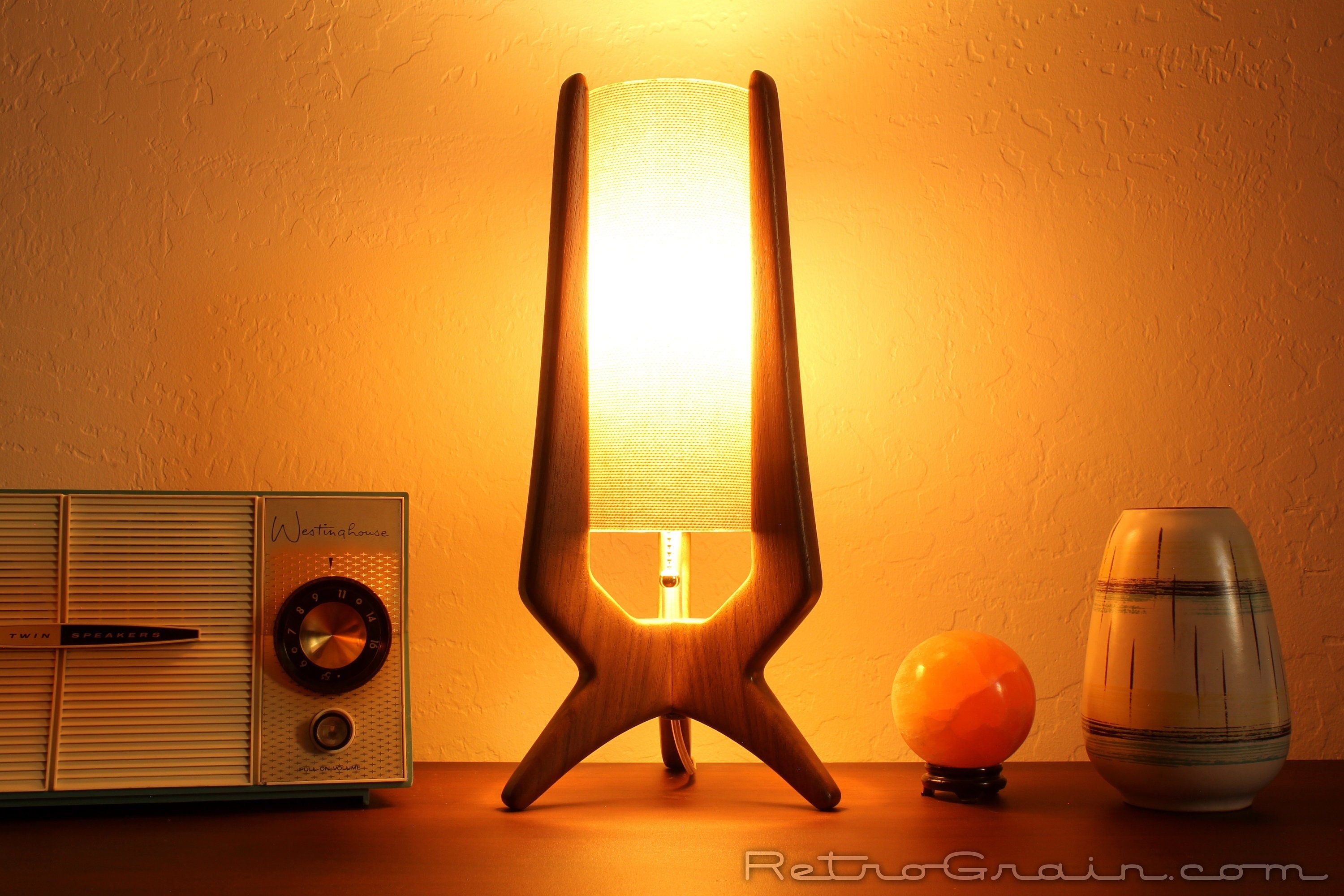 Midcentury Modern Table Lamp - Walnut Wood - Neutral Tan Midcentury Modern Table Lamp - Walnut Wood - Neutral Tan