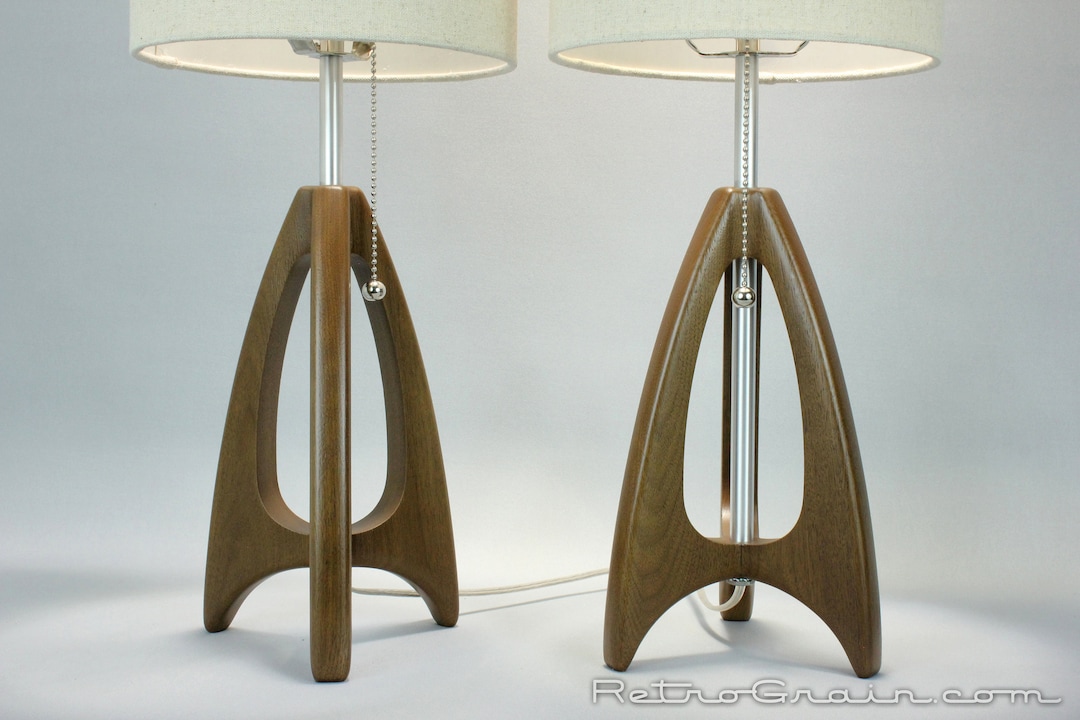 Pair of Tripod Table Lamps Mid-century Style Walnut Wood Burlap Color  Shades by Retro Grain