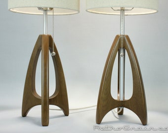 Pair of Tripod Table Lamps - Mid-Century Style - Walnut Wood - Burlap Color Shades - by Retro Grain