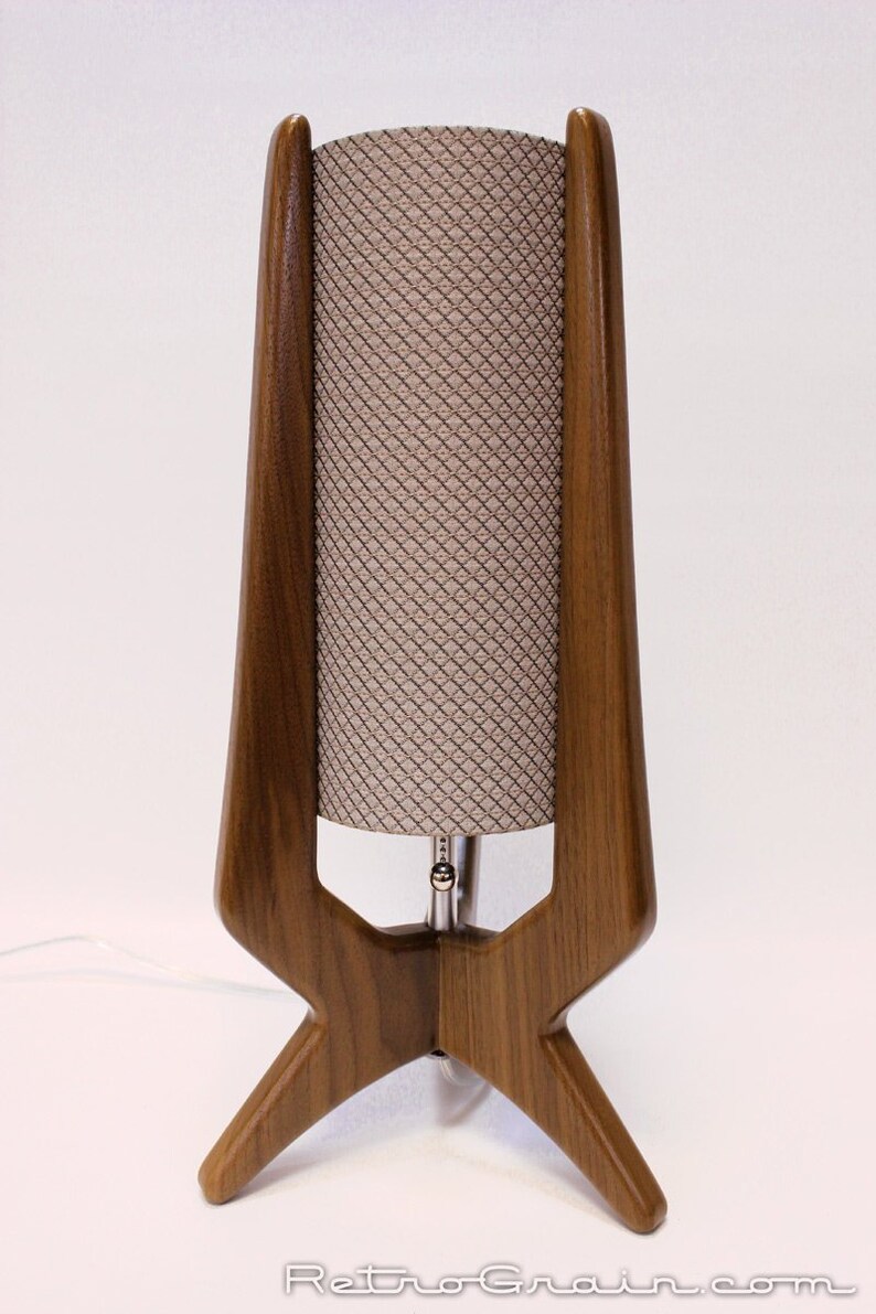 Mid Century Modern Mcm Lamp Table Lamp Walnut Wood Short Grey Shade By Retro Grain