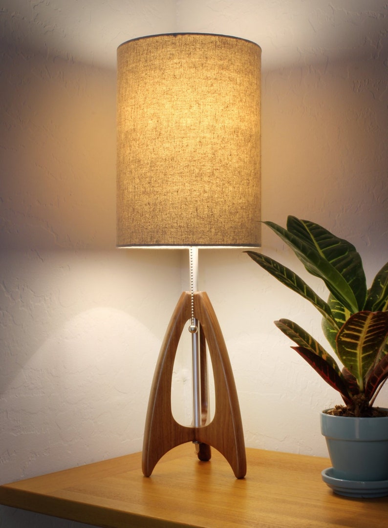 Tripod Table Lamp Midcentury Style Walnut Wood Burlap Etsy Canada