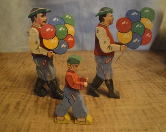 1940s German Putz Balloon Seller Figures Christmas Tree Village Miniature Painted Wood Folk Art Railroad Toy Trains Decorations World War 2