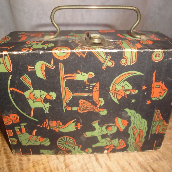 1930s Doll Toy Suitcase Rare Cardboard Litho Paper Covering Antique Vintage Child's Toy Colors Are MCUH BRIGHTER than indicated by photos!