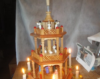 German Christmas Nativity Pyramid 3 Tiers Windmill Erzgebirge Toy Angels Weinachts Germany Camel Wisemen Sheep Shepherds Candle Holder Tree