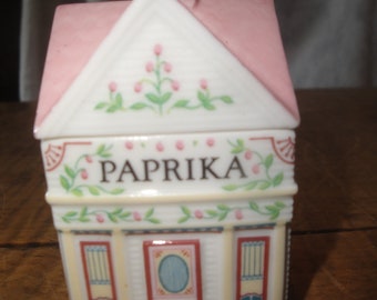 PAPRIKA - ONE Lenox China Spice Village Jar Hand Painted Fine Porcelain Canister Quaint Victorian Cottage Shop c 1989 Vintage