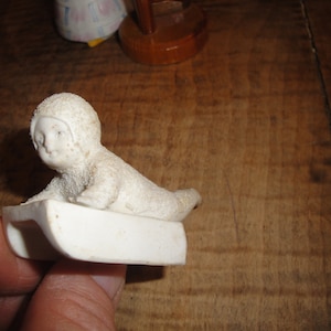 Antique 1910-20 German Snow Baby On Sled For Putz Display Under Christmas Tree Village Christmas Garden Miniature Bisque Porcelain Original