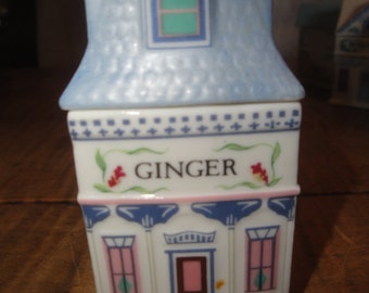 GINGER ONE Lenox China Spice Village Jar Hand Painted Fine Porcelain Canister Quaint Victorian Cottage Shop c 1989 Vintage