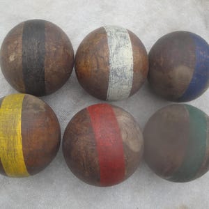 1890-1915 Antique Vintage Solid Wood Striped Croquet Balls Used Set 6 Great Patina Of Age And Use Lawn Game Display in Wood Bowl As Folk Art