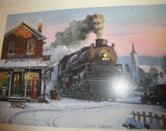 1 Vintage Steam Locomotive Train & General Store Christmas Card With Envelope, Unused, Old Fashioned  Ornaments Decorations