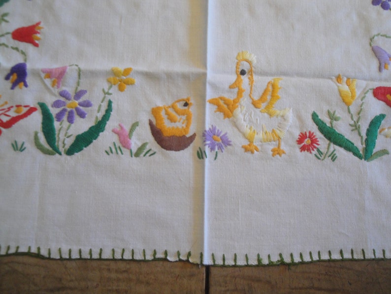 1950s Easter German Folk Art Table Runner Ostern Wachsfanger Hand Embroidered Wax Catcher Cotton Table Topper Cloth Home Made Tischdecke image 4