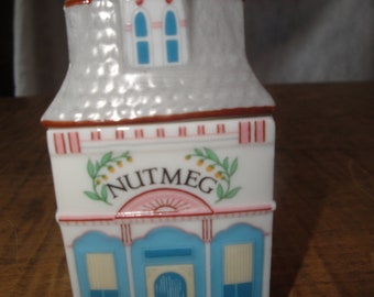NUTMEG - ONE Lenox China Spice Village Jar Hand Painted Fine Porcelain Canister Quaint Victorian Cottage Shop c 1989 Vintage