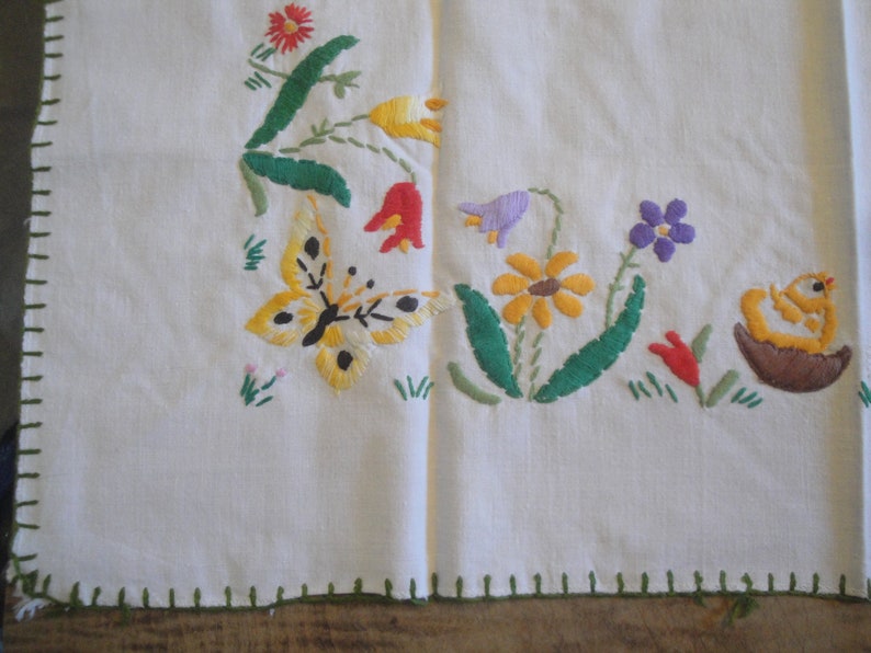 1950s Easter German Folk Art Table Runner Ostern Wachsfanger Hand Embroidered Wax Catcher Cotton Table Topper Cloth Home Made Tischdecke image 7