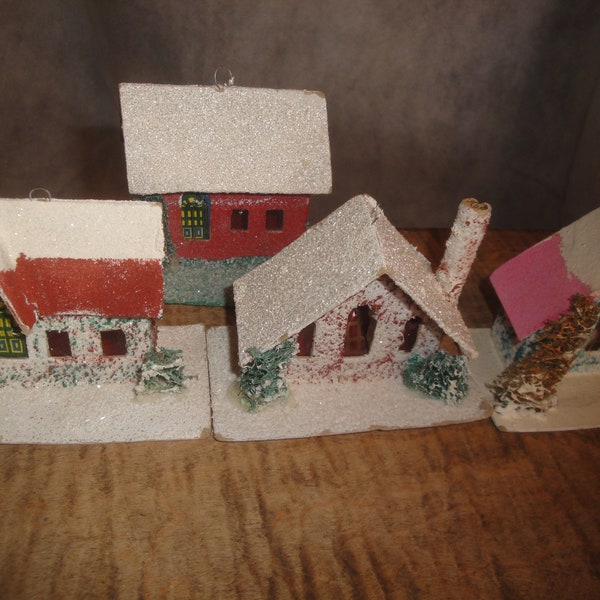 Putz Houses Japan 1960s Cardboard Glitter Christmas Tree Village Ornaments Decorations Loofah Trees Mica Old For Miniature Lights Strand