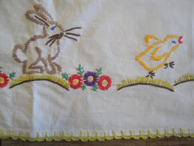 1950s Easter German Folk Art Table Runner Ostern Wachsfanger Hand Embroidered Wax Catcher Cotton Table Topper Cloth Home Made Tischdecke image 10