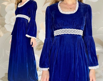 Vintage 60’s Blue Velvet Lace Trim Renaissance Bell Sleeve Floor Length Dress
