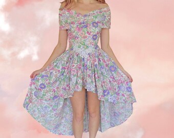 Vintage 80er Jahre Handmade Pastell High Low weg von der Schulter formales Abschlussball-Foto-Shooting Kleid Kleid
