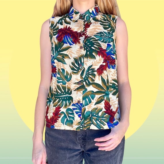 Vintage 90’s Foliage Hawaiian Sleevless Button Up… - image 3