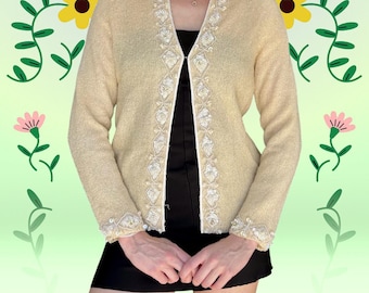 Cárdigan vintage de lana blanco roto con ribete de cuentas de los años 50, talla S