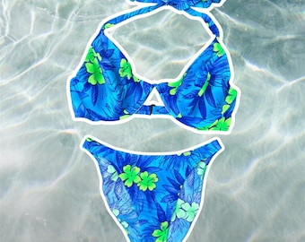 Vintage 90’s Blue & Green Floral High Rise Halter Bikini Set