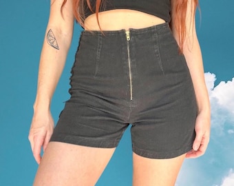 Pantalones cortos vaqueros básicos de mezclilla negra con cremallera frontal, estilo vintage de los 90, talla W26.
