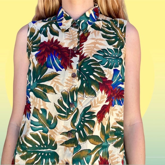 Vintage 90’s Foliage Hawaiian Sleevless Button Up… - image 4
